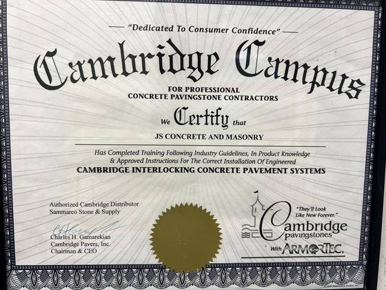 Cambridge Campus certification awarded to JS Concrete and Masonry for the installation of Cambridge Interlocking Concrete Pavement Systems