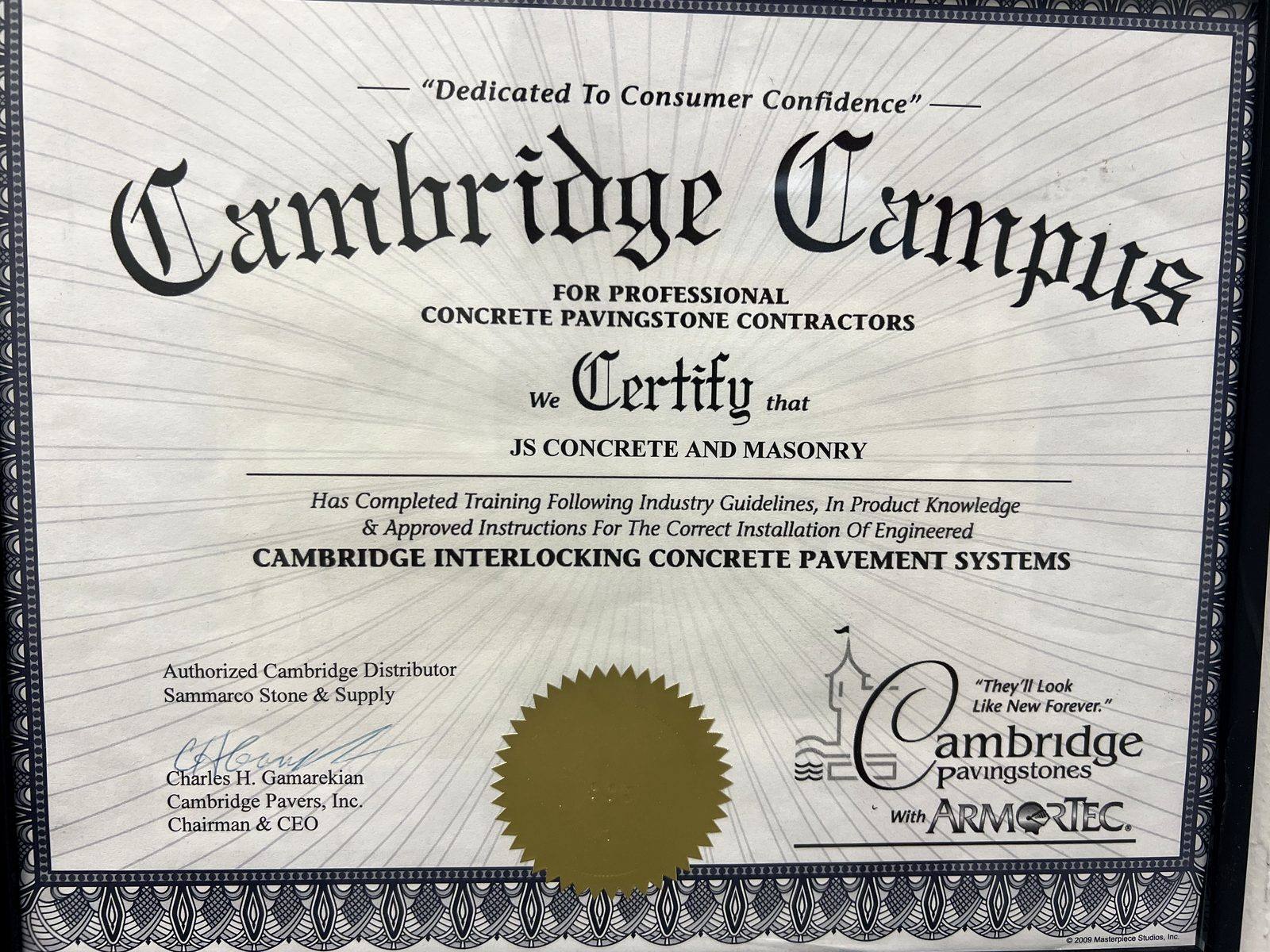Cambridge Campus certification awarded to JS Concrete and Masonry for the installation of Cambridge Interlocking Concrete Pavement Systems